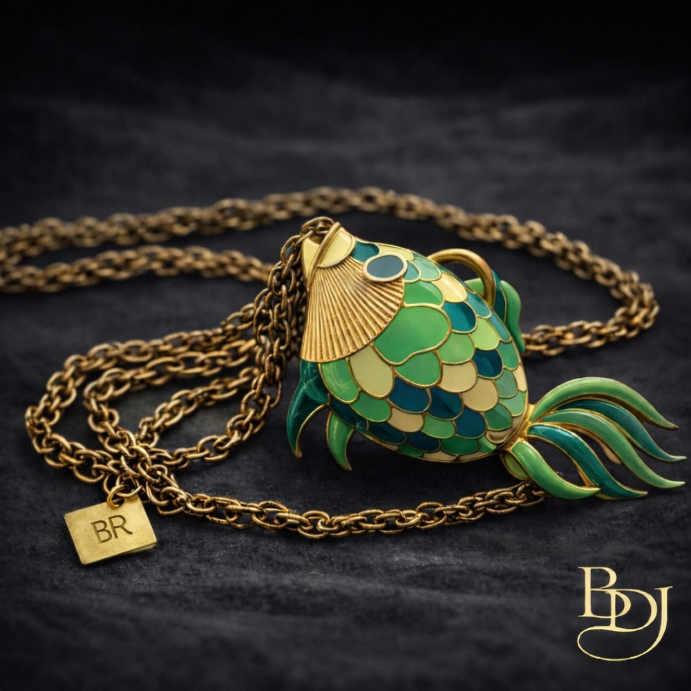 Banana Republic Enamel Fish Lariat Necklace Gold Tone Statement Pendant BR
